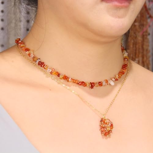 2Pcs Crystal Necklace for Women Handmade Choker Necklaces Pendant Necklace Natural Stone Gemstone Beaded Necklace 18k Gold Plated Adjustable Dainty Necklace for Women - color: Carnelian