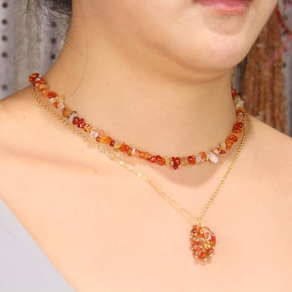 2Pcs Crystal Necklace for Women Handmade Choker Necklaces Pendant Necklace Natural Stone Gemstone Beaded Necklace 18k Gold Plated Adjustable Dainty Necklace for Women - color: Carnelian