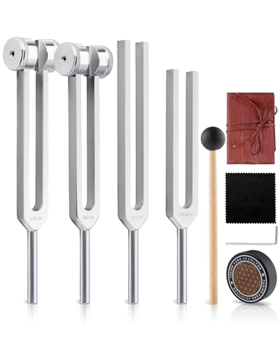 Tuning Forks for Healing Set-128Hz, 136.1Hz, 256Hz, 384Hz Weighted & Unweighted with Activator & Pouch-Complete Sound Therapy Kit for Chakra Balancing, Yoga, Meditation, Stress Relief & Energy Healing
