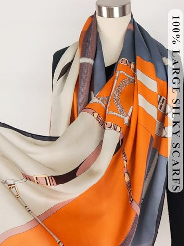 Large Shawl Scarf For Women Lightweight Wraps Silky Headscarf Long Sunscreen Scarfs - color: T27 Orange Chain / 70"x 35"