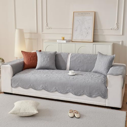 vctops Boho Cotton Quilted Couch Cover Soft Embroidered Sofa Cover Non-Slip Dog Bed Cover Scalloped Sofa Slipcover Washable Furniture Protector Cover (Light Grey,28"x59") - color: Light Grey, size: 1pc/28"x59"/Rectangular