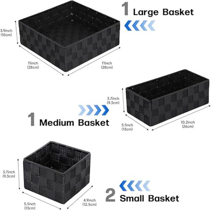 Small Black Baskets, 4 Piece Multi Size Black Woven Baskets with Metal Frame, Closet Shelf Dresser Bathroom Storage, Vanity Drawer Bedroom Office Organization