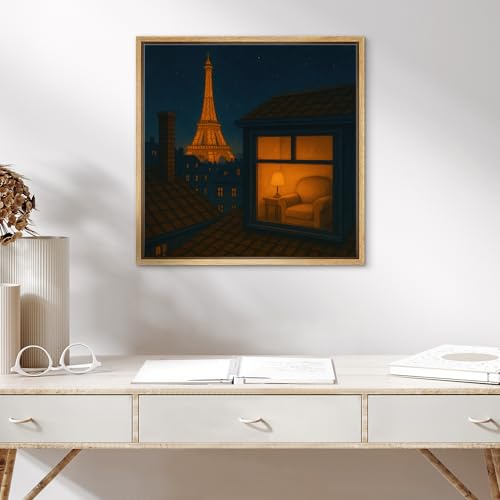 SIGNWIN Framed Canvas Print Wall Art Cozy Paris Rooftop View with Eiffel Tower Romantic Night Illustrations Fine Art Farmhouse/Country for Living Room, Bedroom, Office - 16"x16" NATURAL - color: BS18-2507-SAR09, size: 16L" x 16W"