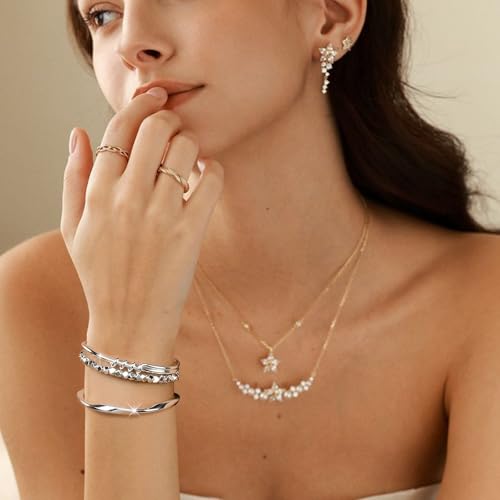 3 Pcs Silver Bracelets for Women, Simple Minimalist Stainless Steel Bangle Set,Women's gift jewelry