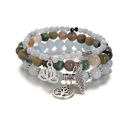 Tree of Life Yoga Healing Stone Bracelets,Multilayer Lotus Chakra Stone Reiki Bracelet Sets,Anxiety Crystal Natural Stone,for Women Stress Relief - style: Aquamarine + Indian Agate