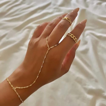 3PCS 14K Gold-Plated Hand Chain Bracelets for Women, Stack Bracelets Set Adjustable, Trendy Dainty Ring Bracelet Hand Chain - color: gold-3-cz
