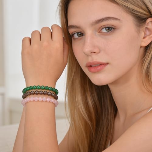 3PCS Agate Bracelet for Women Men Natural Round Beaded Agates Stone Healing Stretch Bracelets Elastic Handmade Polished Gemstone Beads Bracelet - color: Green+Pink+Grey