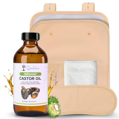 Dalileo Organic Castor Oil Pack Wrap Kit – 8oz Cold Pressed Oil with Abdominal & Neck Wraps + Flannel – Supports Relaxation, Comfort, Better Sleep & Everyday Self-Care – Reusable Organic Cotton Design