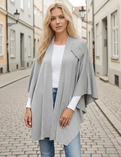 Womens Open Front Poncho Sweater Wrap Topper Knitted Elegant Shawls Cape for Spring Fall Winter - color: Series 1-grey