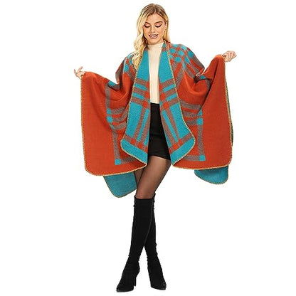 Shawl Wraps for Women, Elegant Knitted Cape Open Front Poncho Scarf Blanket Cardigan Coat for Spring, Autumn, and Winter - color: Orange Blue