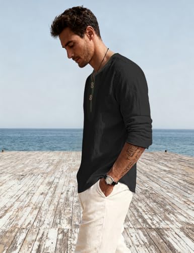 Mens Linen Shirts Henley T-Shirts Long Sleeve Tops Casual Beach T-Shirts Yoga Shirts for Men - color: Black, size: Medium