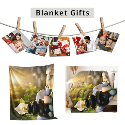 Zen Stone Candle Print Flannel Blanket Spa Themed Throw Blanket Cozy Couch Bed Throw Bedding Meditation Decor Gifts (49"x59")