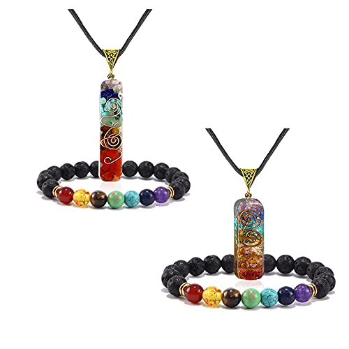 COLORFUL BLING Healing Crystals Gemstone Chakra Om Symbol Pendant Necklace Lava Rock Bracelet Set Prosperity Reiki Wealth Money Fortune Positive Energy Quartz Yoga Meditation Jewelry for Women Men - style: Set AB