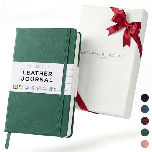 BEECHMORE BOOKS Premium Lined Journal Notebook, 5" x 8" (A5) Hardcover Vegan Leather Personal Diary, Thick 120gsm Ivory Cream Paper, Gift Box for Men & Women - color: Dartmouth Green, size: A5 - 5.8" x 8.3" Medium