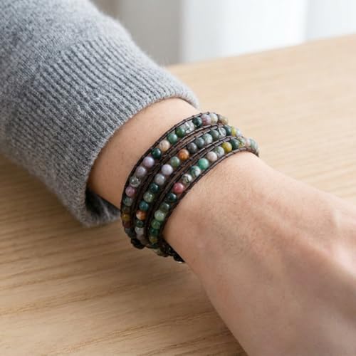 YGLINE Natural Stone Wrap Bracelet for Women Boho Bracelets Healing Crystal Beaded Bracelet Adjustable 3/5 Wraps Bracelet Handmade Birthday Gifts for Women - color: agate-3w