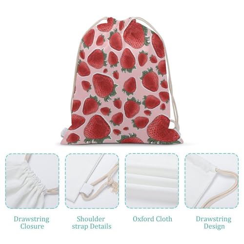 Strawberry Fruit Pink Portable Canvas Drawstring Backpack with Drawstring Pockets 30x40cm - color: Strawberry Fruit Pink, size: 30x40cm