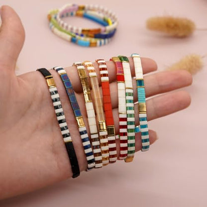 Tila Beaded Stretch Strand Bracelets for Women, Cute Boho Stackable Handmade Colorful Mixed Flat Square Beads Elastic Beach Surfer Bracelet Trendy Jewelry Friend Gift - color: 0901A