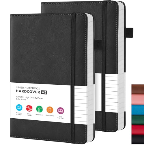 2 Pack Lined Journal Notebook, A5 (5.7"x8.4") Journaling Notebooks for Women Men Writing Work, Black Leather Hardcover, 160 Pages, 100GSM Paper, Daily Journal College Ruled, School Office Supplies - color: Black