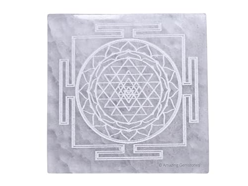 Amazing Gemstone Selenite Crystal Charging Plate For Crystals And Healing Stones, 3" Selenite Crystal Plate Engraved Shree Yantra Coaster For Home, Office Table Decor (Selenite Square) - color: Squre Shree Yantra