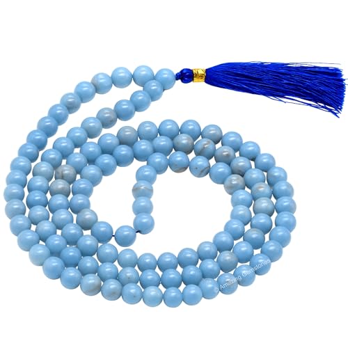 Amazing Gemstone Japa Mala 108 Prayer Beads Necklace and Wrist Mala Bracelet for Meditation - color: Angelite, size: Without Knots