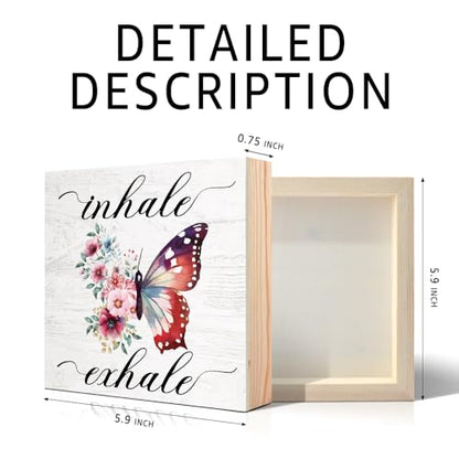 Inhale Exhale Wooden Sign Desk Decor, Funny Butterflies Wood Box Sign Décor for Home Office Farmhouse Bedroom, Yoga Spa Room Decor, Inspirational Gifts for Women Friend Coworker - style: Modern