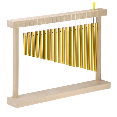 QWORK 20 Note Bar Chimes with Solid Wood Stand – Tabletop Percussion Instrument for Meditation Classroom & Yoga – Gold Tone Hand Chime with Mallet 15 Inch Single Row