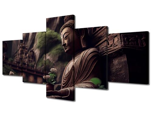 TUMOVO Room Wall Pictures Buddhist Sculpture in Tranquil Wall Art Buddhist Meditates Paintings Zen Artwork Giclee 5 Pieces Prints on Canvas Bedroom Home Decor Framed Ready to Hang, 50" Wx24 H - color: Artwork-02, size: 50"Wx24"H