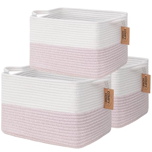 COMFY-HOMI 3PACK Cotton Rope Square baske with Handles for Shelves|Dog Toy baske Bin and Storage|Baby baske for Gift|Shoe baske for Organizing|13.5" x 11" x 9.5" for Living Room（White/Pink） - color: White/Pink, size: 13.5" x 11" x 9.5"