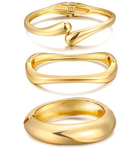 Chunky Gold Bangle Bracelets for Women, Dainty 14k Gold Plated Big Stackable Bangles Set, Trendy Statement Cuff Bracelet Stack Fashion Jewelry Gifts - style: A1-gold