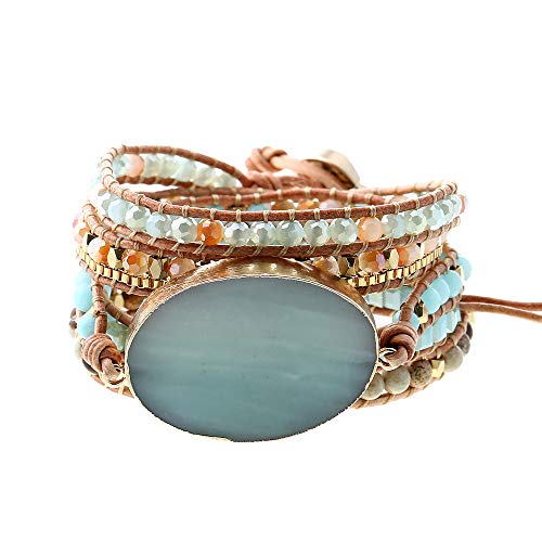 Plumiss Women Boho Handmade Natural Stone Crystal Leather Bead Wrap Bracelets Collection - style: Amazonite
