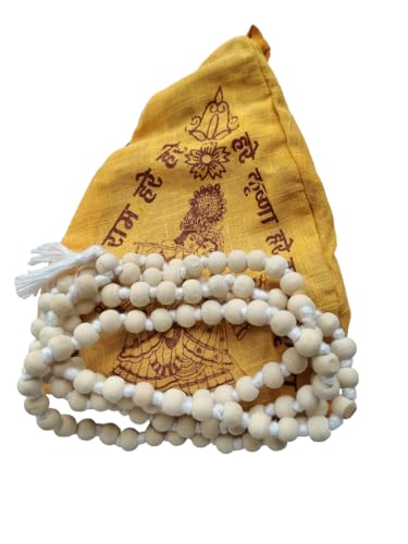BHAVICREATION Tulsi Mala 108 Beads for Neck with Gaumukhi Jap Mala Bag for Pooja Worship (White Tulsi Mala 8 mm) - color: White Tulsi Mala 8 MM