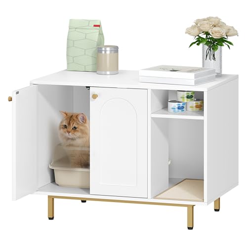 Hzuaneri Cat Litter Box Enclosure,Hidden Litter Box Furniture with Storage, Large Wooden Cabinet with Sisal Mat, Modern Cat Washroom for Living Room, Bedroom, Entryway, White and Gold 01503GCLB - color: White and Gold