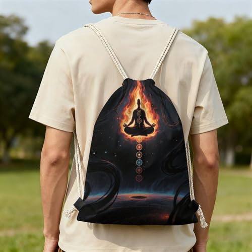 Blacklight Seven Chakra Yoga Meditation Drawstring Backpack for Women Men - 13.8"x19.7" Lightweight Cinch Bag Large Capacity Gym Drawstring Bag Aesthetic Sackpack Sports Backpack for Travel, Beach