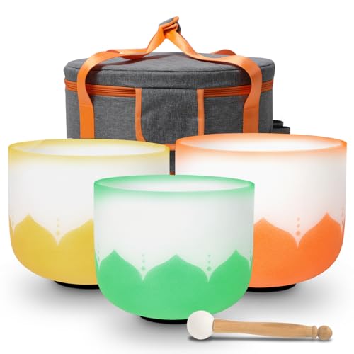 Set of 7 size 6-12 inch Lotus Design Chakra Tuned 432hz Quartz Crystal Singing Bowls with Heavy Duty Carrying Cases and Singing Bowl Mallet Suede Strikers WF - color: Set of 7, Lotus