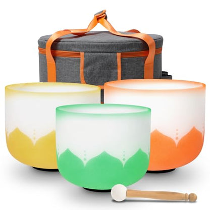 Set of 7 size 6-12 inch Lotus Design Chakra Tuned 432hz Quartz Crystal Singing Bowls with Heavy Duty Carrying Cases and Singing Bowl Mallet Suede Strikers WF - color: Set of 7, Lotus