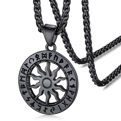 FaithHeart Norse Viking Rune Necklace with Adjustable Braided Leather/Stainless Steel Rope Chains for Men Women, Vintage Amulet Jewelry Gift with Delicate Box - color: 06. Sun Runes Circle-Black