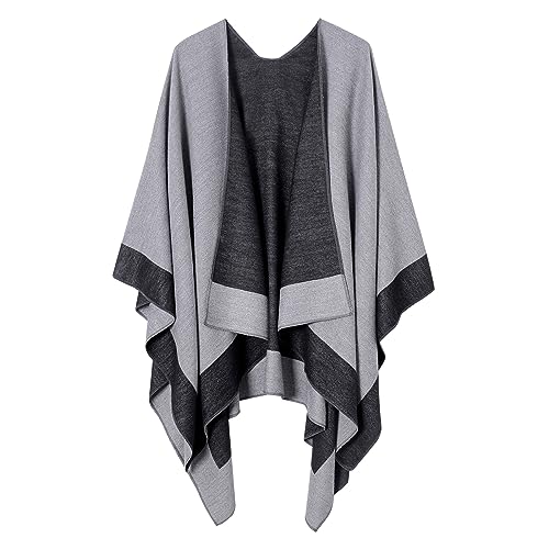 Women's Shawl Wrap Poncho Cape Cardigan Open Front Coat Shawl Wrap Scarf for Spring Fall Winter - color: Black Grey