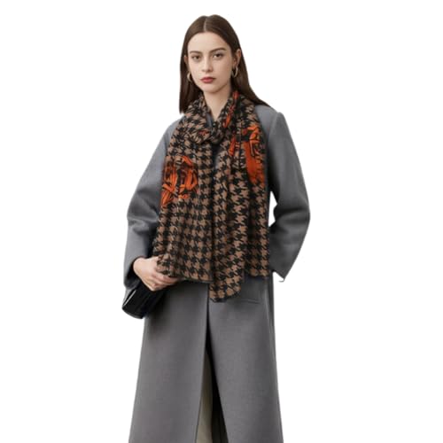 Cashmere-soft Mercerized wool Shawl Pashmina Lightweight Travel Wrap & Evening Scarf |Office |Wedding - color: Thousand Bird Check + Peony Dark Brown