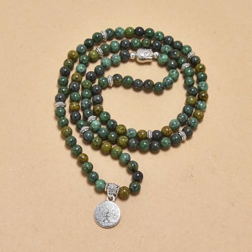 Tree of Life Charm Bracelet or Necklace - 108 Buddha Beads, Handmade Mala Meditation Jewelry, Prayer Beads for Yoga - style: African Turquoise