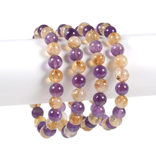 Justinstones Gem Semi Precious Gemstone 8mm Round Beads Stretch Bracelet 7 Inch Unisex - color: Amethyst Citrine