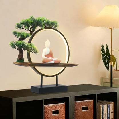 Buddha Statue with LED Circle Table Lamp Artificial Plants Fake Bonsai Tree Buddha Ceramic Statue Indoor Meditation Decoration for Home and Office,18.7 * 3.9 * 16.5in (Buddha-3)