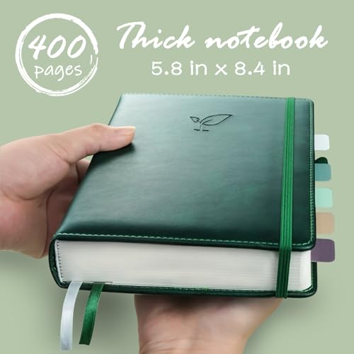 Lined Journal Notebook, 400 Pages Thick Journal for Writing, A5 Hardcover Leather Notebook with 100Gsm College Ruled Paper for Women Men Work Note taking, 5.8" x 8.4", Green