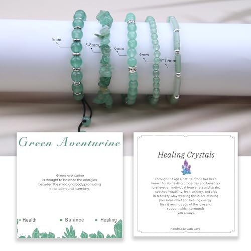 5Pcs Healing Crystal Bracelet for Women Men, Handmade Adjustable Gemstone Bracelets Beaded Reiki Energ Bracelet Set Jewelry Gifts for Women Men - color: Green Aventurine