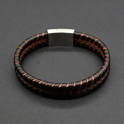 Men's Leather Bracelet, Stackable Stainless Steel Clasp Bracelets for Men Stylish Birthday, Thanksgiving, Valentine's Day Gift for My Man - style: 8.4" Orange and Black