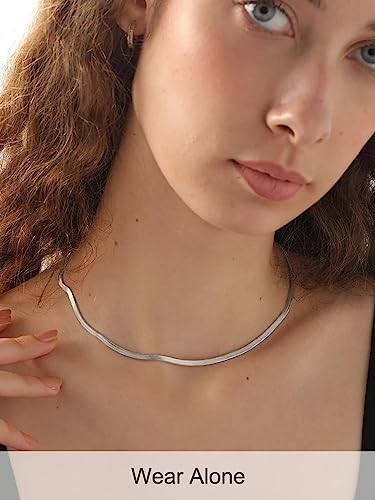 FOCALOOK 14K Gold Plated Necklaces for Women, Fashion Herringbone Choker Necklace Stainless Steel Flat Snake Chain 3/5MM(W) 12.5"/15"/18"+3.5"(L) - color: 3MM-Silver-15"