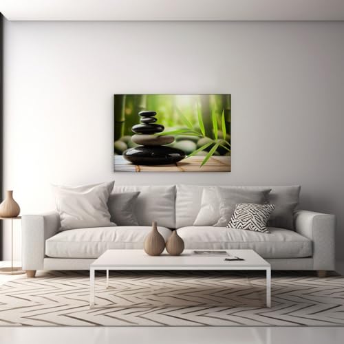 Canvas for Living room. Zen Balance - Stacking Stones and Bamboo Leaves Conjure Serenity and Harmony, 27 x 18 inch Canvas Wall Art - Ready to Hang - 69x46 cm (27x18 inch)