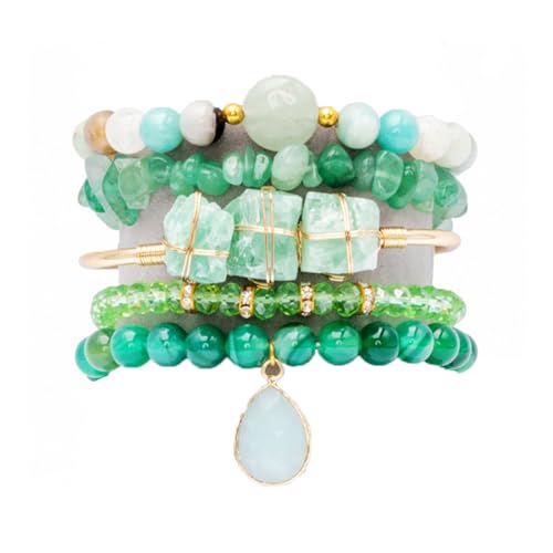 5PCS Natural Boho Beaded Bracelets Bangle for Women Men,Healing Turquoise Jasper Agate Crystal Gemstone Stone Chakra Multilayer Wrap Bohemian Handmade Jewelry Beads Stretch Bracelet Set - color: Green