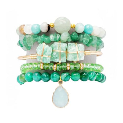 5PCS Natural Boho Beaded Bracelets Bangle for Women Men,Healing Turquoise Jasper Agate Crystal Gemstone Stone Chakra Multilayer Wrap Bohemian Handmade Jewelry Beads Stretch Bracelet Set - color: Green