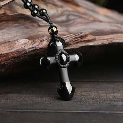 Black Obsidian Necklace Protection Pendant with Extended Bead Chain Healing Crystal Stone Amulet Necklace for Men Women - color: CrossA