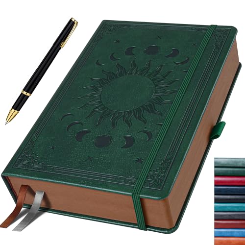 Green Journal for Men & Women, Daily for Classic Lined Writing, 360 Pages Hardcover Journaling Notebook with Pen, Vintage Sun & Moon Design, A5 (5.9'' x 8.5'') - color: Dark Green, size: A5
